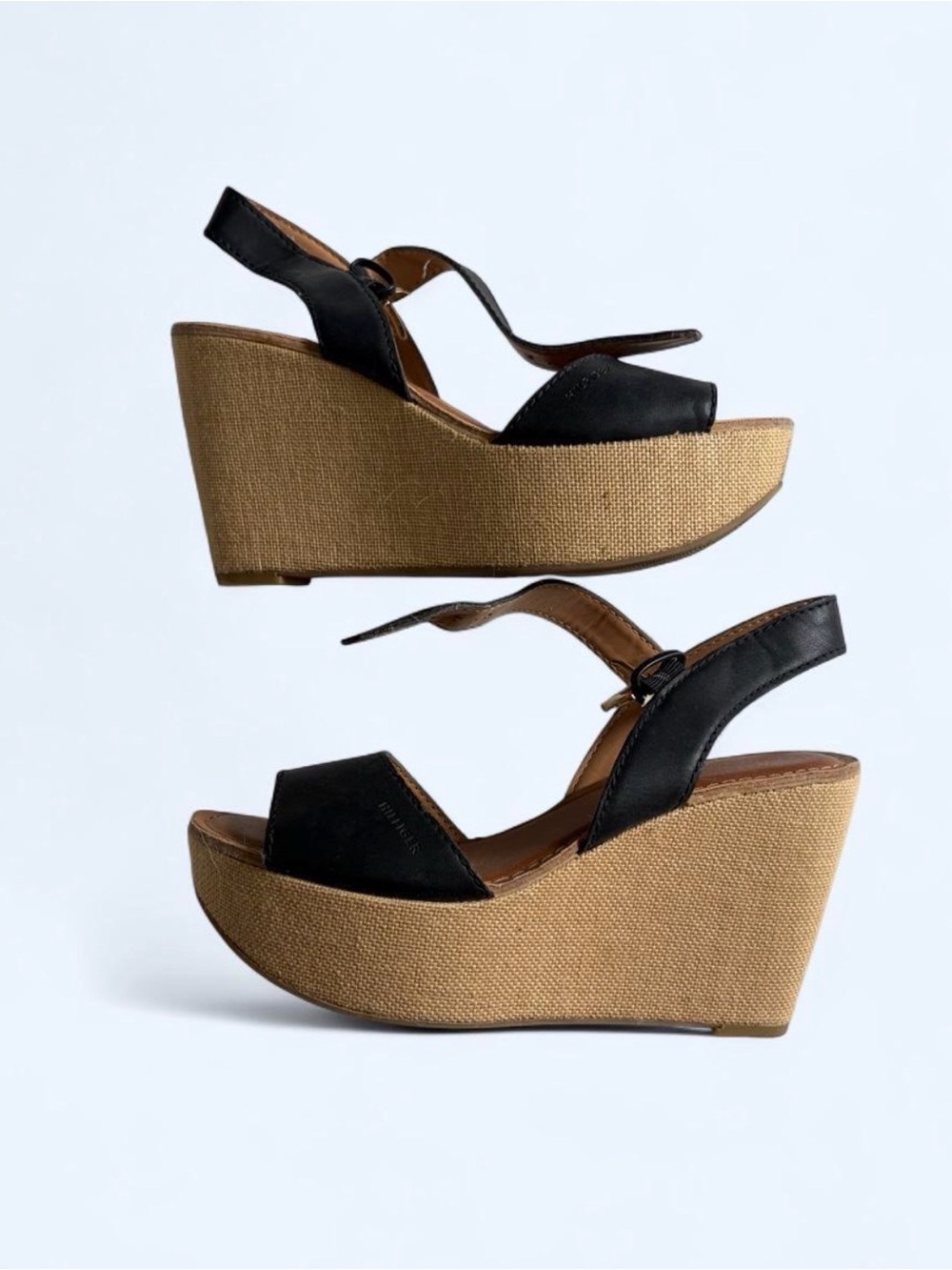 Tommy Hilfiger Black Wedge Sandals with Natural Platform